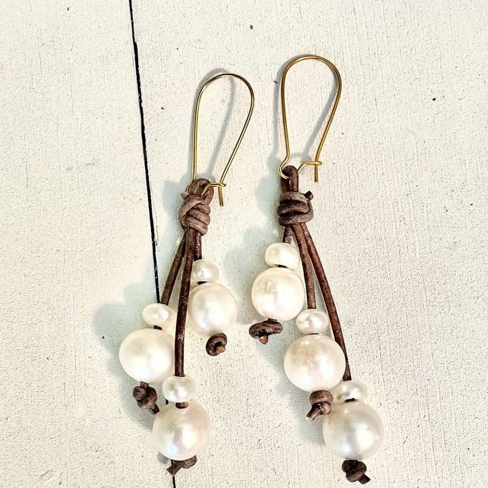 NEW Genuine Leather Pearl Dangle Earrings